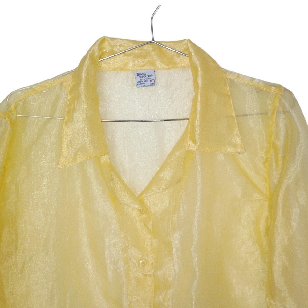 Vintage Erika Brooke Womens Yellow Sheer Shimmer Button Down Blouse Size S - Picture 4 of 9